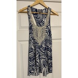 Vanessa Virginia Tank Top Womens Medium Blue White Swirl Crochet Lace Racerback